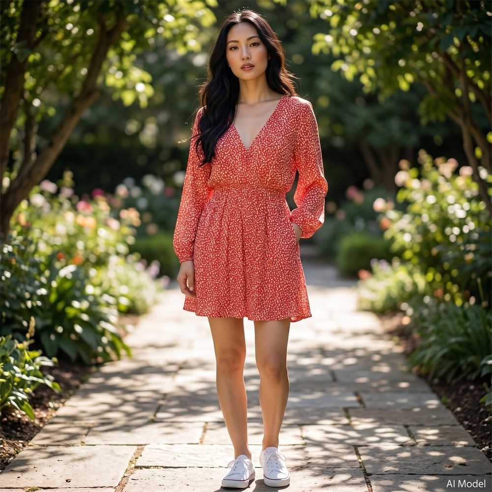 By Together Mini Dress‎ Women S Red White Leaf Print Long Sleeve V-Neck L3482